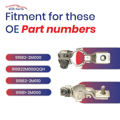 Exact OE Replacement Positive Battery Terminal Post Clamp For Hyundai Kia And Genesis Vehicles with part numbers 91982-2M000, 91982-2M010.