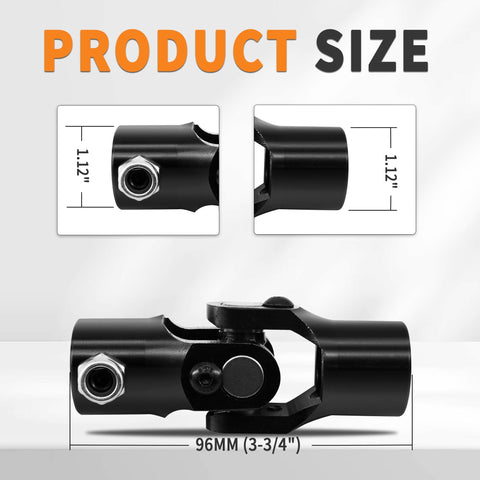 Diagram showing 3/4 Inch Double-D Steering Universal Joint Black Round U Joint For Cars And Trucks, dimensions 96mm, 1.12 inches wide.