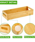 Bamboo Toilet Paper Tray Organizer With Handles Waterproof Storage Basket For Bathroom Counter, showing handle design, slip-resistant feature, and waterproof surface.