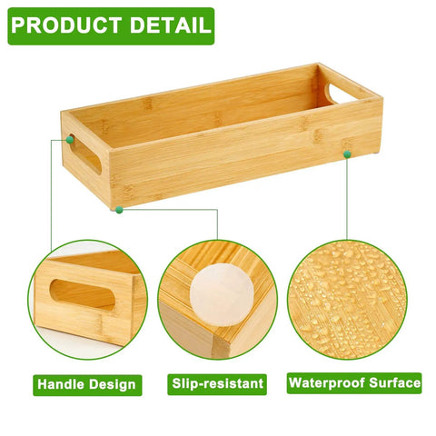 Bamboo Toilet Paper Tray Organizer With Handles Waterproof Storage Basket For Bathroom Counter, showing handle design, slip-resistant feature, and waterproof surface.