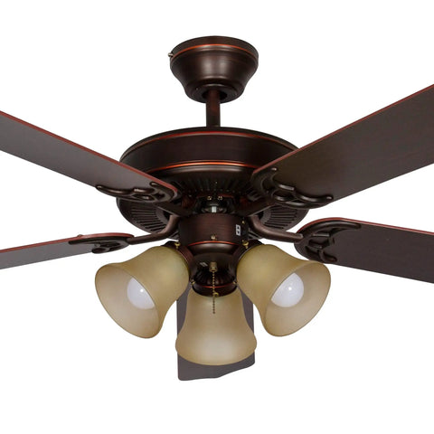 Bronze 52 Inch Ceiling Fan With LED Lights, Dual Mount For Flush Or Downrod Install, Five Coordinated Blades, 12 Degree Pitch