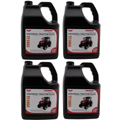 TF500A Universal Tractor Transmission And Hydraulic Fluid UTF 4 Gallon Case showing four Yanmar jugs, ideal for lubrication.