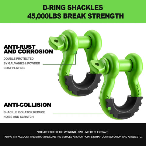 Off Road Recovery Kit With 10 Ton Snatch Block Pulley 3 Inch By 8 Foot Tree Saver Strap Two D Ring Shackles And Heavy Duty Winching Accessories For Truck And SUV Rescue green D-ring shackles