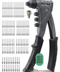 One Handed Pop Rivet Gun Set With Extended 9.6 Inch Ergonomic Handle And Non Slip Grip Includes 200 Aluminum Rivets
