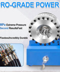 Heavy Duty Electric Hydraulic Hose Crimper Machine With 8 Dies Perfect For Automotive AC And Excavators Crimping Tool For High Pressure Lines Up To One Inch close-up of crimping head with hydraulic pipes.
