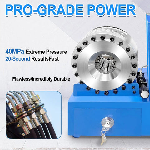 Heavy Duty Electric Hydraulic Hose Crimper Machine With 8 Dies Perfect For Automotive AC And Excavators Crimping Tool For High Pressure Lines Up To One Inch close-up of crimping head with hydraulic pipes.