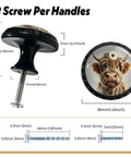 Goofy Highland Cow Toilet Paper Head Cabinet Knob Set 4 pack shown with dimensions and screws, round acrylic design.