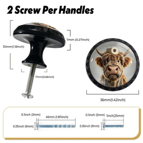 Goofy Highland Cow Toilet Paper Head Cabinet Knob Set 4 pack shown with dimensions and screws, round acrylic design.