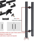 H Shape Heavy Barn Door Pull Handle For Wood And Glass Doors Exterior Interior Push Pull Handle In Grey 80cm Built Tough Stainless Steel Build Easy Install With All Hardware Modern Rustic Style shown in installed position on diagram with measurements and installation details.