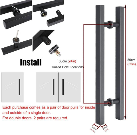 H Shape Heavy Barn Door Pull Handle For Wood And Glass Doors Exterior Interior Push Pull Handle In Grey 80cm Built Tough Stainless Steel Build Easy Install With All Hardware Modern Rustic Style shown in installed position on diagram with measurements and installation details.