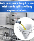 Fryer Oil Filter Stand With Folding Arms That Clamps To Deep Fryers, holding cone filter, pouring oil, commercial kitchen setup