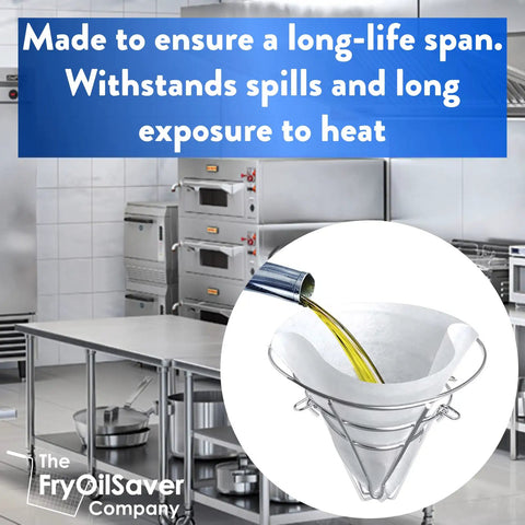 Fryer Oil Filter Stand With Folding Arms That Clamps To Deep Fryers, holding cone filter, pouring oil, commercial kitchen setup