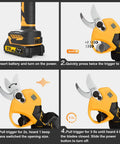 Electric Pruning Shears For Gardening With Battery Power, 2.4 Inch Opening, LCD Display, setup instructions shown