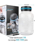 Coin Counter Money Jar With LCD Display Large 1.8L Digital Coin Bank That Tracks All US Coins 800 To 1000 Capacity Battery Powered Gift For Kids And Adults On Christmas Or Birthday Blue, shown next to packaging and dimensions