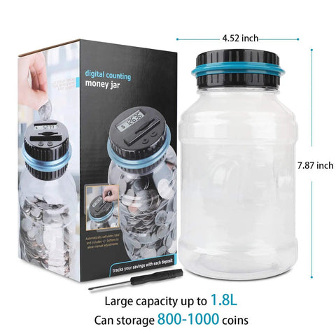 Coin Counter Money Jar With LCD Display Large 1.8L Digital Coin Bank That Tracks All US Coins 800 To 1000 Capacity Battery Powered Gift For Kids And Adults On Christmas Or Birthday Blue, shown next to packaging and dimensions
