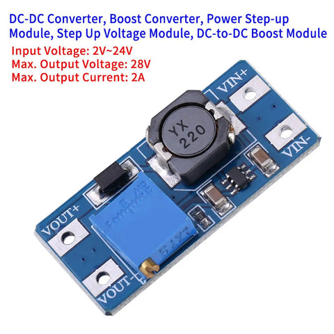 DC To DC Boost Converter Module With Adjustable Output 2V To 28V, 2 Amp High Efficiency Power Supply For Battery Projects And DIY Gadgets, Solar And Camping Gear, Tiny 36 By 17 By 14 Mm