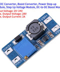 DC To DC Boost Converter Adjustable Power Supply Module 2A Two Pack For Electronics And Digital Gadgets High Efficiency Over 93 Percent Compact Dope Gear 36 X 17mm PCB Board, blue PCB