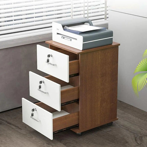 Lockable Vertical File Cabinet With 3 Drawers On Mobile Wheels In Wooden And Metal Finish for home office use, open drawers view.