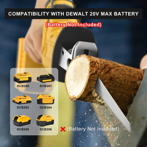Cordless reciprocating saw side view; cutting a log; yellow/black body; battery not included; DeWalt 20V Max compatibility.