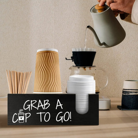 Farmhouse Style Coffee Station Organizer For Cups And Lids Black Pine Wood Cup Holder And Lid Storage Box on kitchen counter