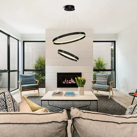 Living room with Two Ring Dimmable Black LED Chandelier With Remote Control, large circular pendant, modern decor