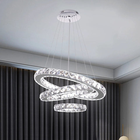 Three Ring Crystal Chandelier With Adjustable Stainless Steel Led Ceiling Fixture, K9 Crystals, 6000K Cool White Light For Living Room, Dining Room, Kitchen, Bedroom, Foyer, Modern, Built To Last, Bright