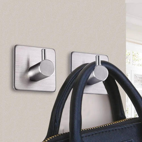 Heavy Duty Tough As Nails Adhesive Wall Hooks 15 Lb Capacity Waterproof Stainless Steel Hanger shown with bag hanging