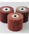 Heavy Duty 3-Pc Nylon Wire Polishing Wheel Set For Metal Grinding With 60 To 320 Grit Abrasive Cloth Pads, showcasing three abrasive wheels.