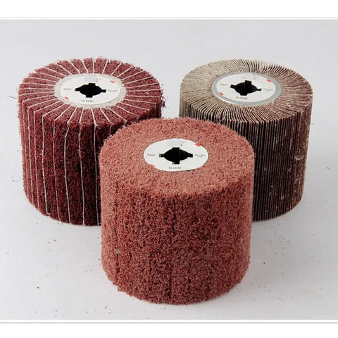 Heavy Duty 3-Pc Nylon Wire Polishing Wheel Set For Metal Grinding With 60 To 320 Grit Abrasive Cloth Pads, showcasing three abrasive wheels.
