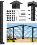 Heavy Duty 36 Inch Stainless Steel Cable Railing Corner Post Featuring 90 Degree L Drilled Holes For Clean Lines And Easy As Pie Assembly Matte Black Finish with assembly accessories.