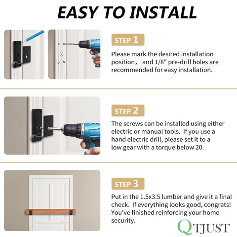 Instructions for installing Beefed Up Heavy Duty 2x4 Door Barricade Brackets With Drop Open Steel U Holder for home security.