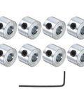 Eight Pack Set Screw Shaft Collars With One Eighth Inch Bore Zinc Plated Carbon Steel Construction, Three Eighths Inch OD, hex wrench
