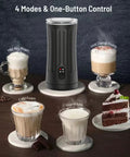 4 In 1 Milk Steamer And Frother For Hot And Cold Foam With Temperature Control And Auto Shut Off shown with four cups of foam.