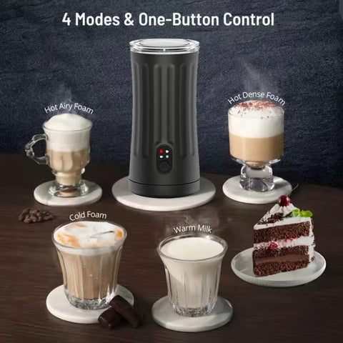 4 In 1 Milk Steamer And Frother For Hot And Cold Foam With Temperature Control And Auto Shut Off shown with four cups of foam.