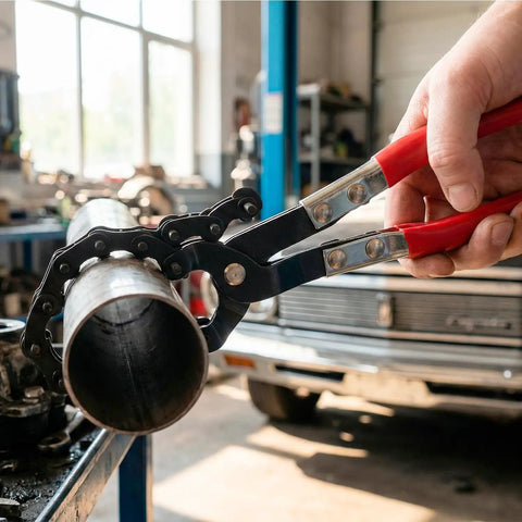Exhaust Pipe Cutter For Three Quarters To Three And A Quarter Inch Tubing, One-Handed Chain Tailpipe Cutter For On-Vehicle Repairs, Heavy-Duty Cutting Tool For Mufflers, PVC And Copper Pipes In Tight Or Cramped Spaces, gripping exhaust pipe