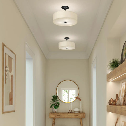 Inspire Collection Antique Bronze Three Light Semi Flush Mount Ceiling Light in hallway, 18 Inch Fixture, antique bronze finish