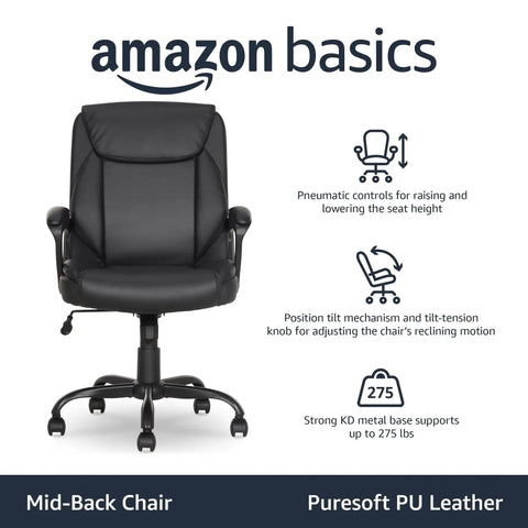Puresoft Padded Mid Back Office Chair With Armrests Adjustable Height And Tilt Easy Assembly Sturdy Metal Base Wheels 275 Lb
