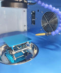 Close-up of Jewelry Spot Welder 220V 200W Welding Machine With 2400W Chiller showing precision pulse platform in blue.