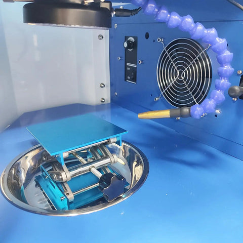Close-up of Jewelry Spot Welder 220V 200W Welding Machine With 2400W Chiller showing precision pulse platform in blue.