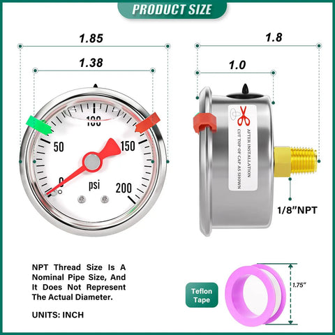 Stainless Steel Liquid Filled Pressure Gauge Back Mount Built Tough For Water Oil And Air Testing One Eighth Inch NPT Side and Front View