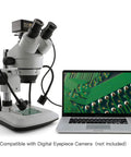 Trinocular Stereo Microscope With 7X To 45X Zoom, WF10X Eyepieces, Gooseneck LED Lighting And Transmitted Light, Pillar Stand, 110V Power Supply, Dope Clarity For Lab Work, Education And Hobby Projects, shown with laptop display