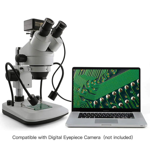 Trinocular Stereo Microscope With 7X To 45X Zoom, WF10X Eyepieces, Gooseneck LED Lighting And Transmitted Light, Pillar Stand, 110V Power Supply, Dope Clarity For Lab Work, Education And Hobby Projects, shown with laptop display