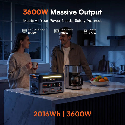 Game Changing Portable Power Station With 2016Wh LiFePo4 Battery And 500 Watt Solar Panel 3600 Watts Output in kitchen setting.