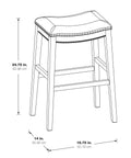 Diagram of Metro 24 Inch Counter Height Saddle Stool With Nailhead Trim, antique grey frame, grey fabric, 24.75" height.