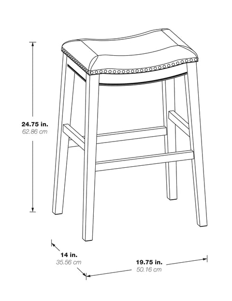 Diagram of Metro 24 Inch Counter Height Saddle Stool With Nailhead Trim, antique grey frame, grey fabric, 24.75" height.