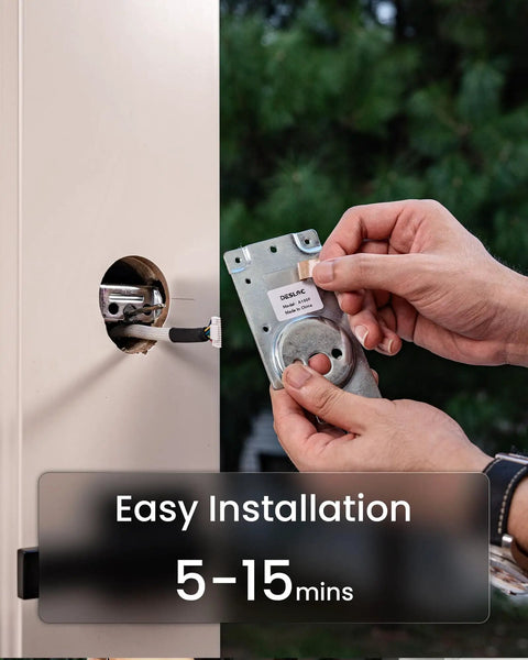 A100F Keypad Fingerprint Door Lock With Keyless Entry installation process showing hands assembling lock components.