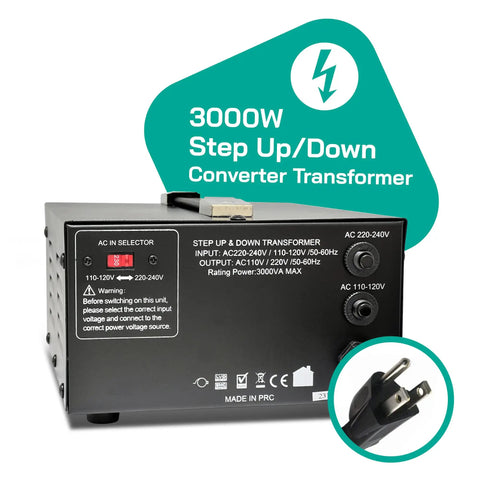 Back view of Beast 3000W Voltage Converter Transformer with specifications and grounded US plug detail