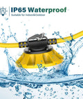 Construction Lights String 50Ft Temporary Work Light With 5 Integrated LED Bulbs 5000 Lumens showing waterproof feature in water spray