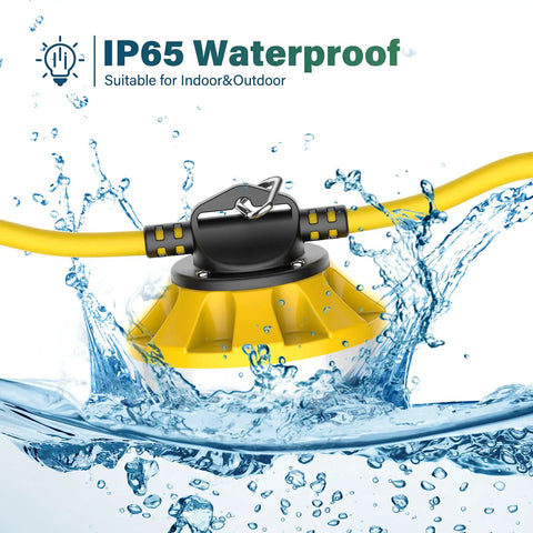 Construction Lights String 50Ft Temporary Work Light With 5 Integrated LED Bulbs 5000 Lumens showing waterproof feature in water spray