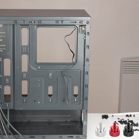 Open PC case with 12 Pack M3x10mm Knurled Thumb Screws For PC Case Aluminum Alloy Black Finish on table